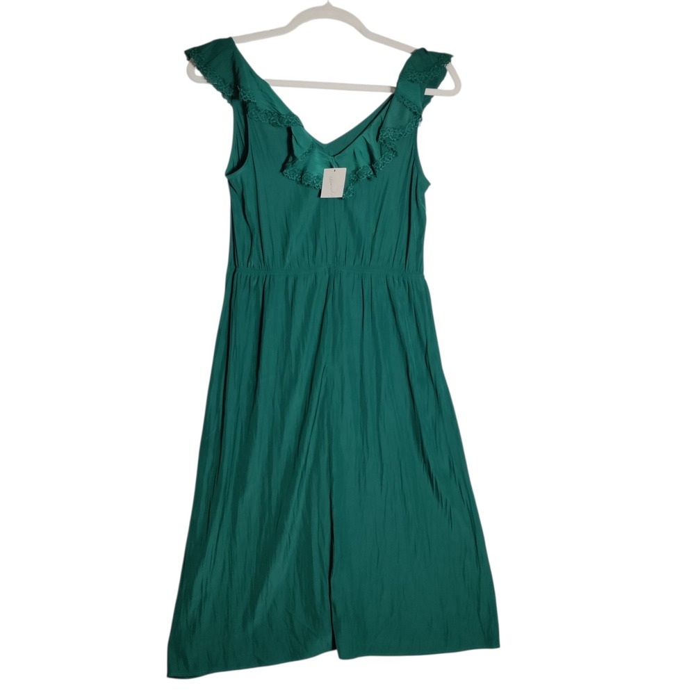 Universal Thread Womens Green Lace Trim Ruffle V-Neck Midi Dress L 2163